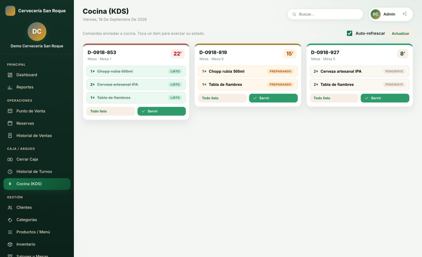 Enviá a barra — pantalla del sistema para bar y cervecería