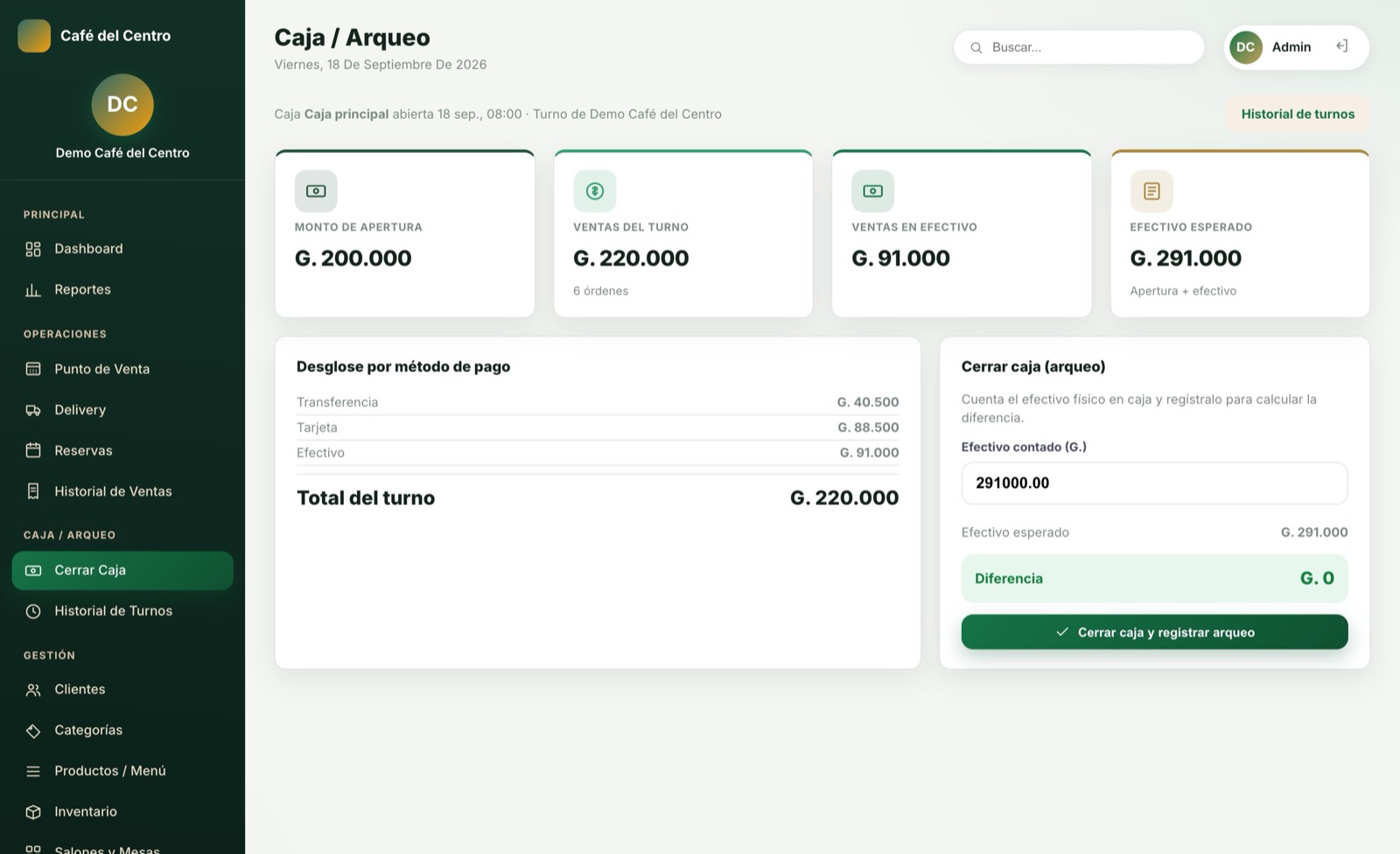 Cerrá la caja — pantalla del sistema para cafetería