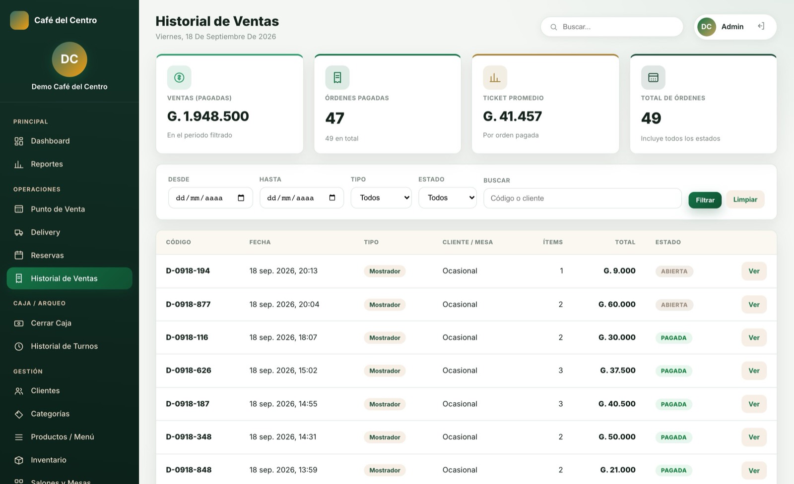 Revisá las ventas — pantalla del sistema para cafetería
