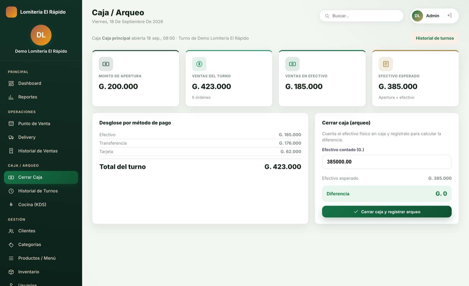 Cobrá y cerrá — pantalla del sistema para comida rápida