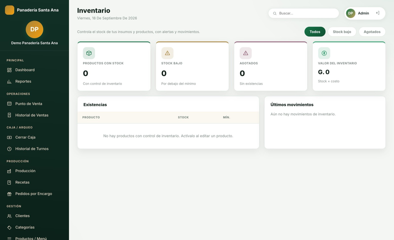 Controlá los insumos — pantalla del sistema para panadería