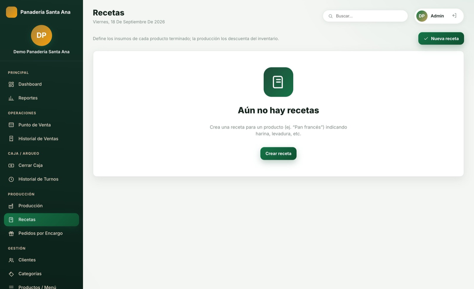 Cargá la receta — pantalla del sistema
