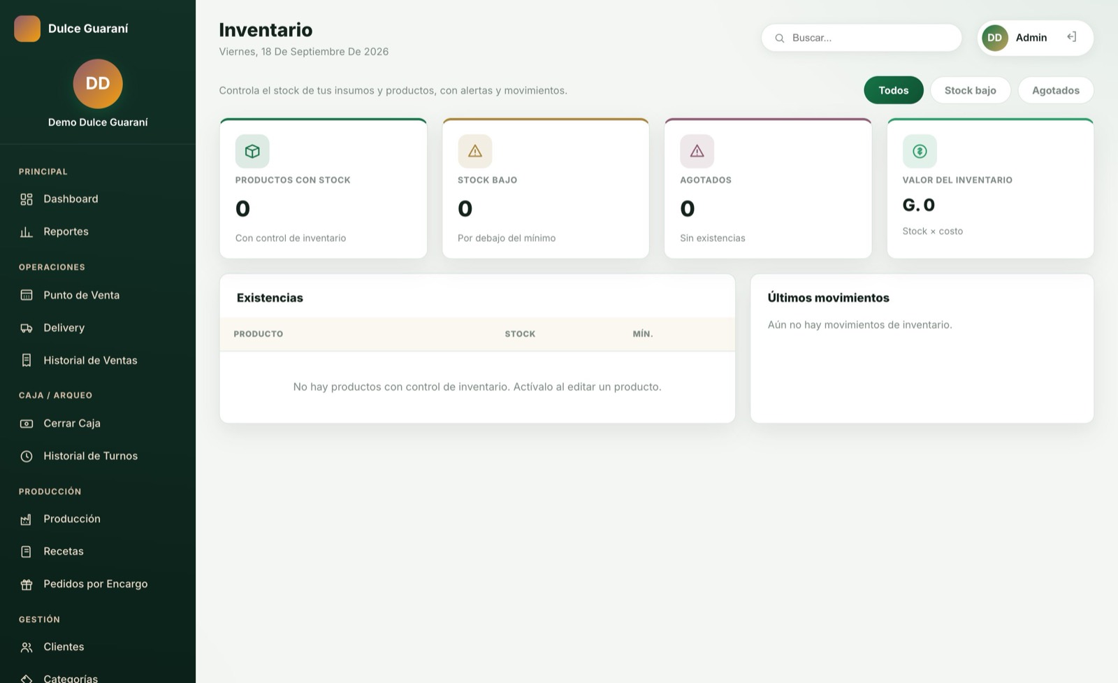 Controlá insumos — pantalla del sistema para pastelería