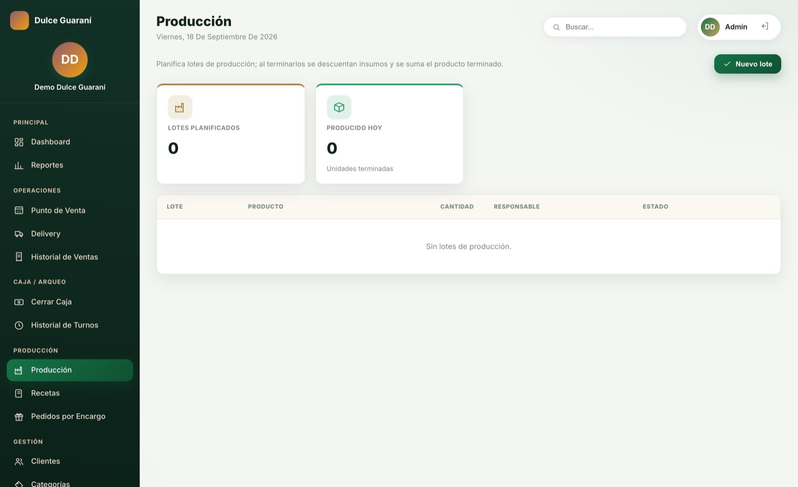 Planificá la producción — pantalla del sistema para pastelería