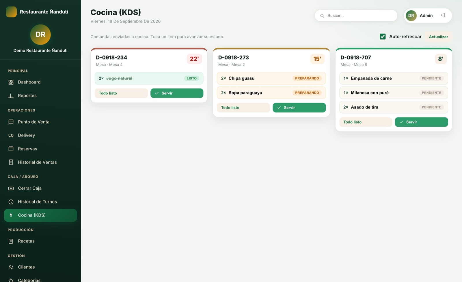 Enviá a cocina — pantalla del sistema para restaurante