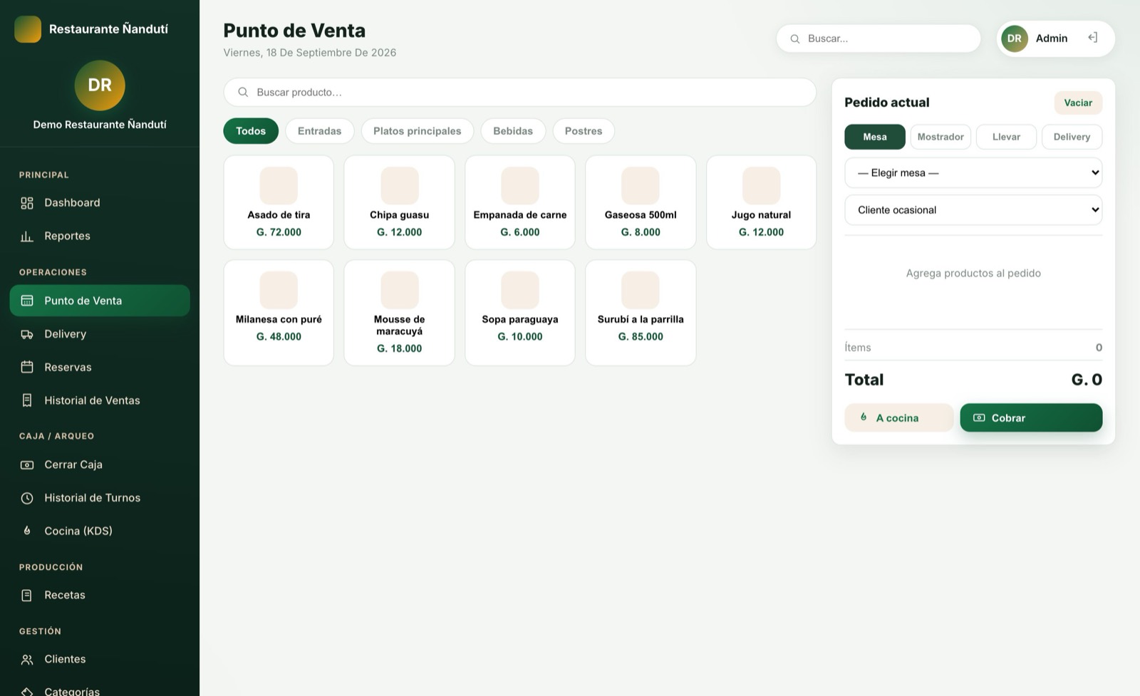 Tomá el pedido — pantalla del sistema para restaurante